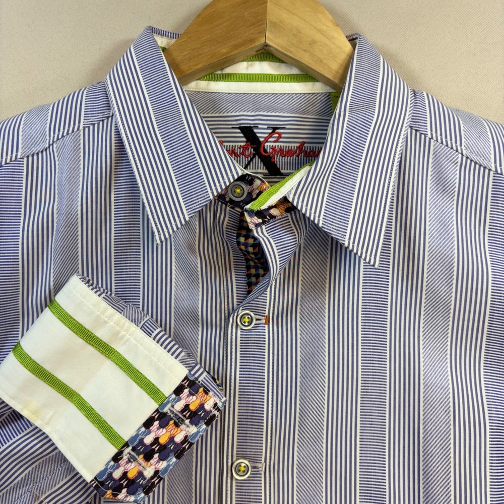 Robert Graham Shirt Mens M Blue White Stripe Tailored Long Sleeve Flip Cuff